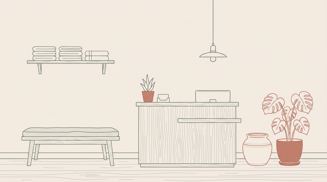 Ilustração da recepção do estúdio com balcão, banco e plantas