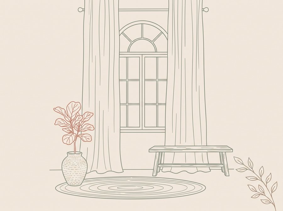 Ilustração de um canto do estúdio com janela em arco, banco e planta