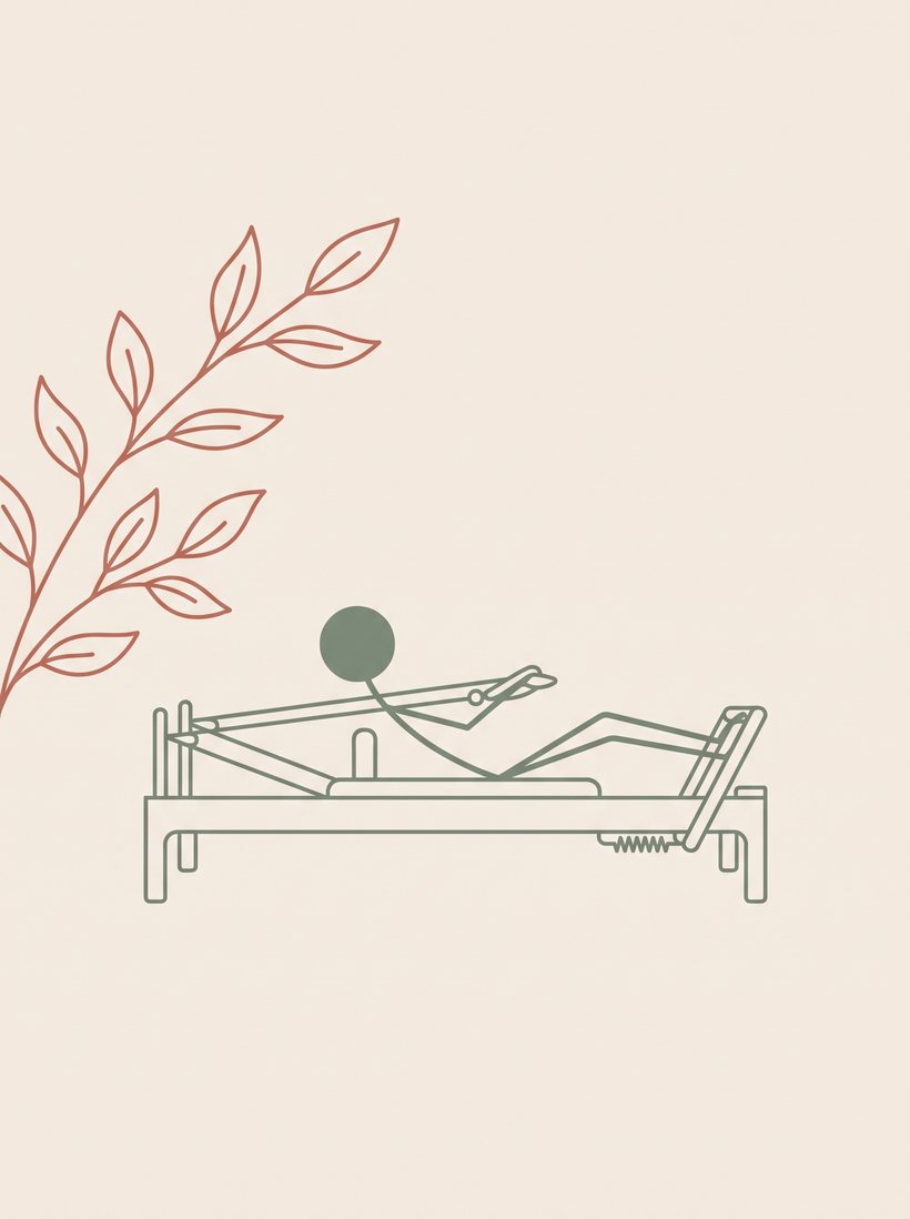 Ilustração de aluno praticando Pilates deitado no aparelho Reformer