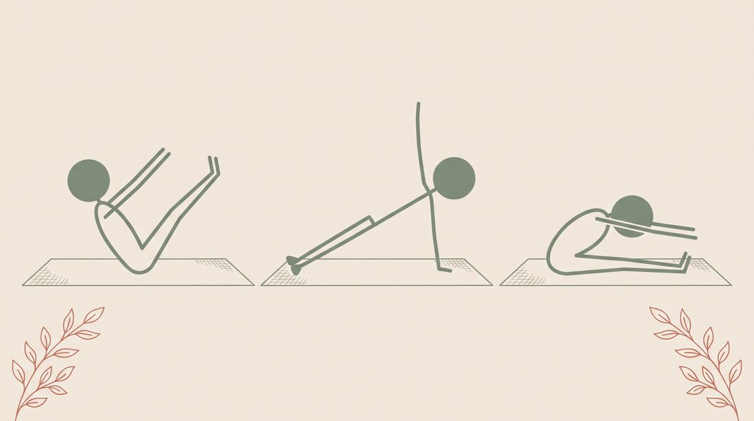 Ilustração de três alunos em posições clássicas de Pilates de solo