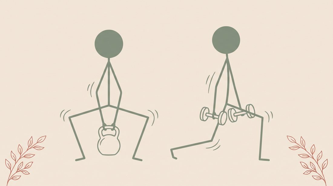 Ilustração de treino funcional com kettlebell e halteres