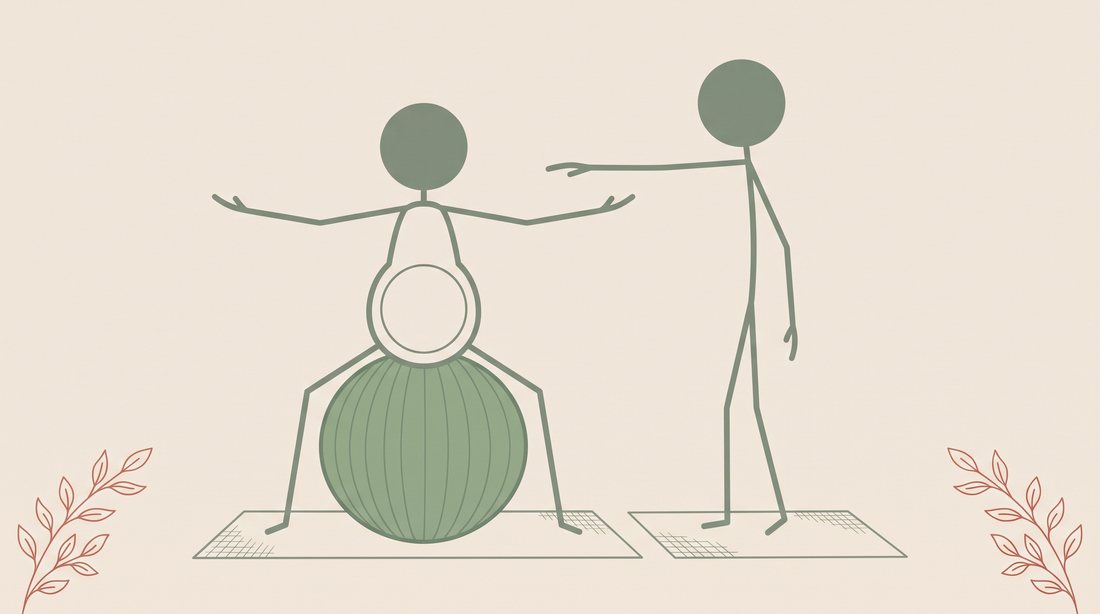 Ilustração de gestante praticando Pilates na bola suíça acompanhada pela instrutora
